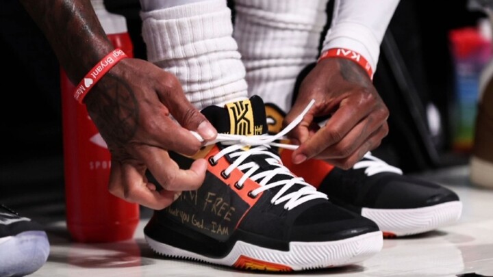 After parting ways with Nike, Kyrie Irving wore the Kyrie 3 with the logo covered and wrote on the s