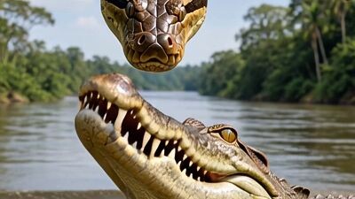 Crocodile vs Giant Anaconda! 🐊🐍#Wildlife #Anaconda #Crocodile #AnimalFight #ViralReels