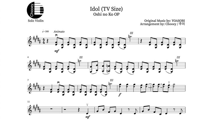 "Idol / アイドル / 아이돌" - Oshi no Ko OP / 推しの子 OP (TV Size) [YOASOBI] (Violin Sheet Music)