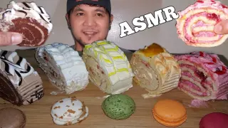 ASMR COLORFUL CAKES and MACARONS | MUKBANG (eating show)كعك ملون أسمر وماكرونز