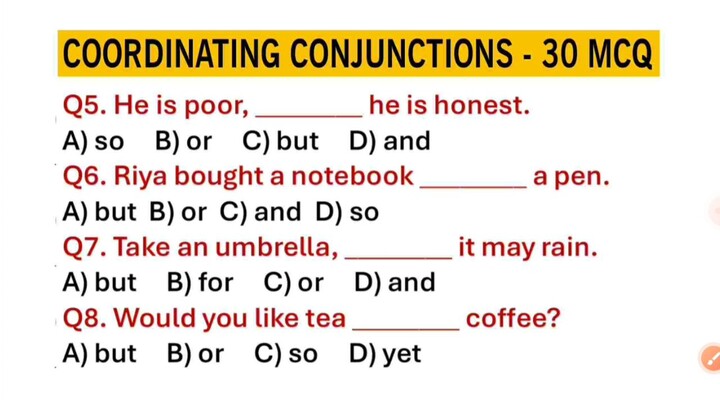Coordinating Conjunction Fanboys Quiz | Conjunction MCQ Questions | Conjunction Mock Test